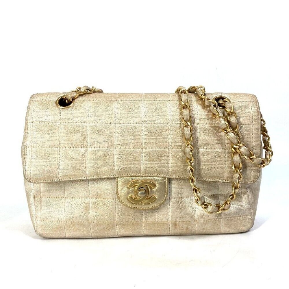 CHANEL CC Mark CC Chocolate bar Double Chain Crossbody Shoulder Bag Canvas Beige - Picture 1 of 16